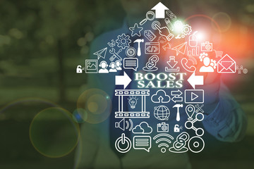 Word writing text Boost Sales. Business photo showcasing move sales profit from a lower to a higher place or position