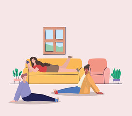 Girls and boy with smartphone at home vector design