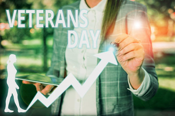 Conceptual hand writing showing Veterans Day. Concept meaning a public holiday to honour US...