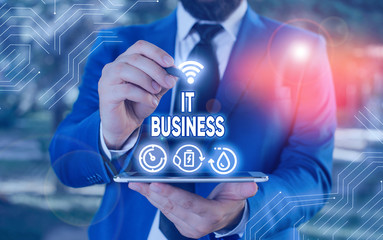 Conceptual hand writing showing It Business. Concept meaning organization uses information technology to achieve goals