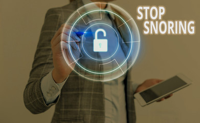 Text sign showing Stop Snoring. Business photo text noisy breathing during sleep due to vibrating...