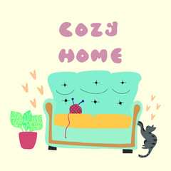 Cozy Home text, sofa with plant in the pot, knitting and cat. Living room interior. Retro furniture. Flat Vector illustration.