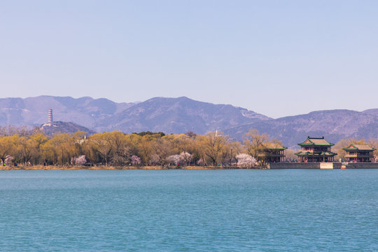Jingming tower in the summer palace, Beijing, China. Spring of the West Bank of the Summer Palace in Beijing