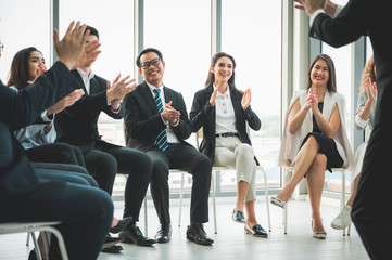 Fototapeta premium Business People Meeting Conference Discussion Corporate Concept in office. Team of newage Multiethnic Diverse Busy Business People in seminar Concept.