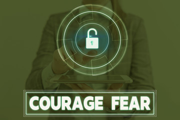 Conceptual hand writing showing Courage Fear. Concept meaning quality of mind that enables a...