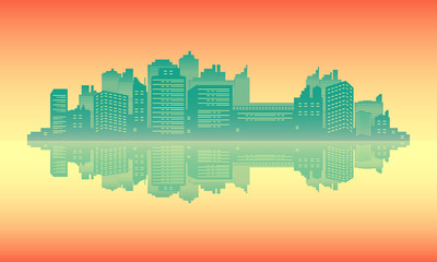 Silhouette of view city in the lake.