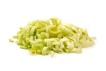 Sliced leek, isolated on white background