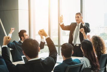 Business People Meeting Conference Discussion Corporate Concept in office. Team of newage Multiethnic Diverse Busy Business People in seminar Concept.