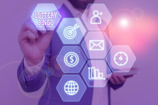 Conceptual hand writing showing Lottery Bingo. Concept meaning game of chance in which each player matches numbers printed