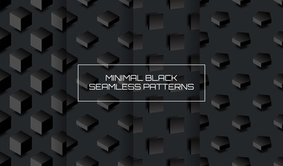 Set of minimal black seamless pattern backgrounds. Geometric 3D figures on dark field tiles. Collection of vector abstract texture wallpaper templates