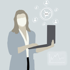 Universal concept Illustrative portrait of a woman in a medical mask in a business suit with a laptop in hand on a colored background.