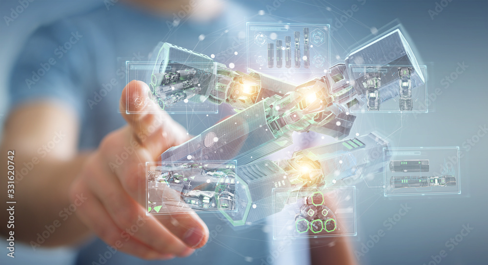 Aufkleber man holding and touching green renewable energy battery 3d rendering