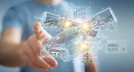 Man holding and touching green renewable energy battery 3D rendering