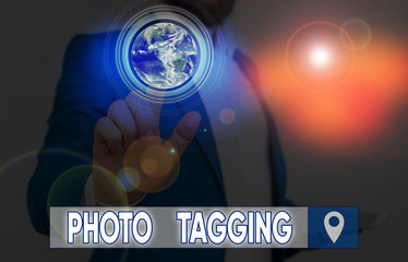 Word writing text Photo Tagging. Business photo showcasing identify someone on the photo that you share social media Elements of this image furnished by NASA