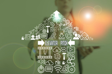 Text sign showing Elevator Pitch. Business photo showcasing the elevator statement is a short...