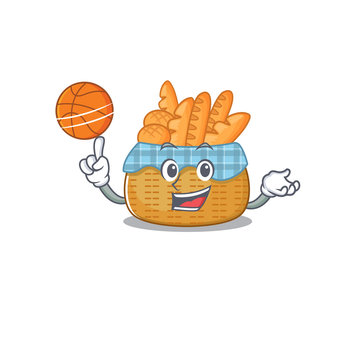A sporty bread basket cartoon mascot design playing basketball