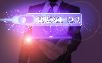 Text sign showing Personal Data. Business photo showcasing Information that relates to an...