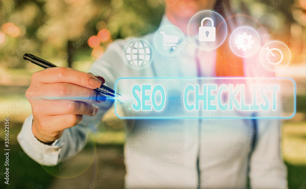 Poster writing note showing seo checklist. business concept for list of items required to optimize the sear