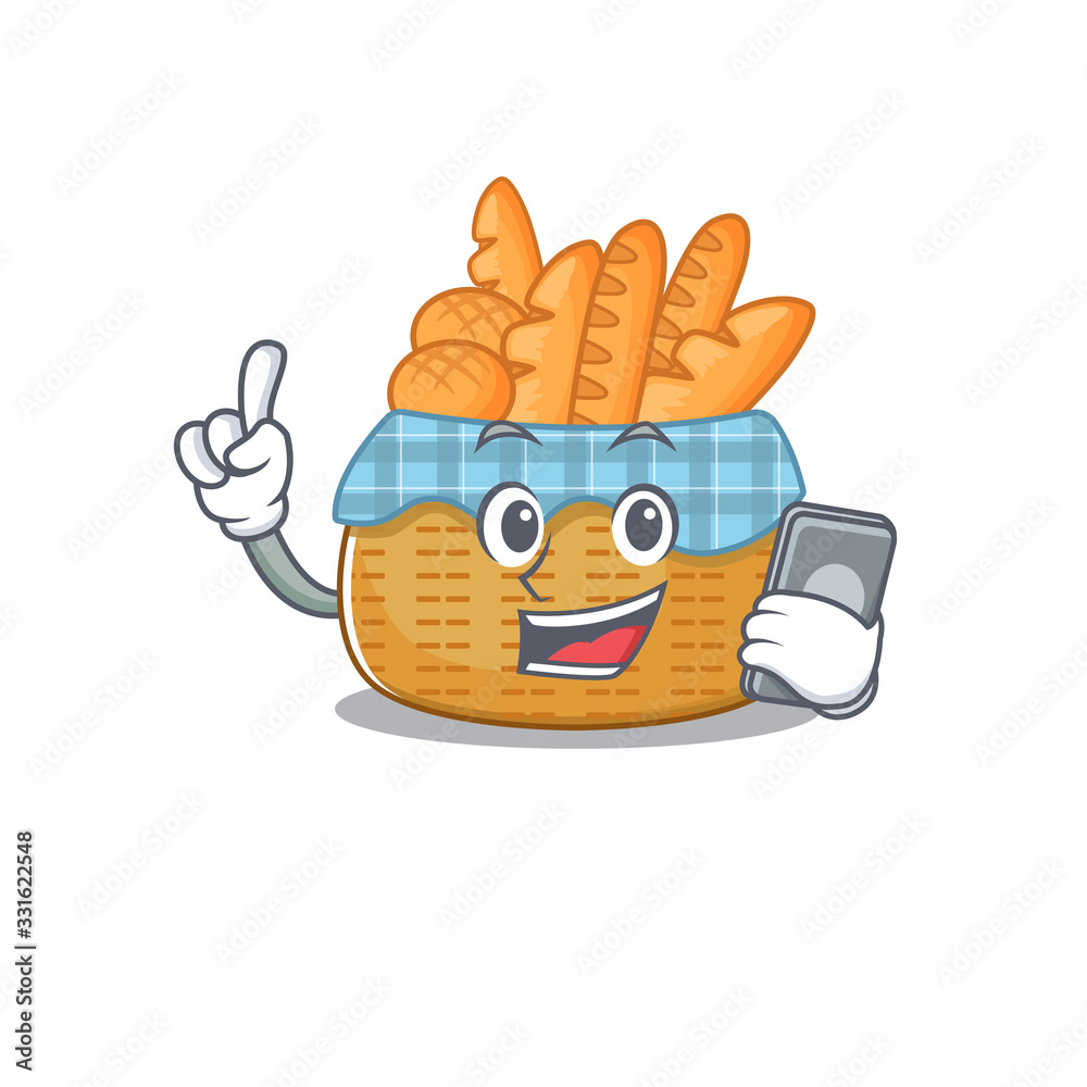 Poster Mascot design of bread basket speaking on phone