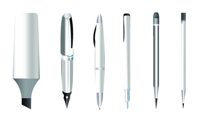 A variety of pencils and pens set in black and white. The background is separated in vector format. Concept of devices for note taking and teaching