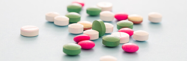 Medicine pills on pastel blue background. Health pharmacy concept