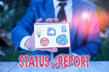 Word writing text Status Report. Business photo showcasing document relating a situation of something such as a project