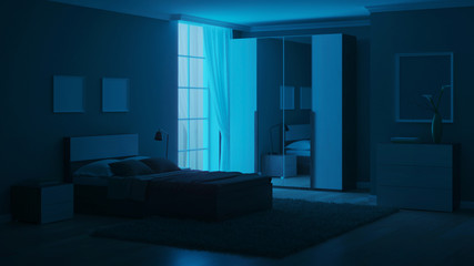 Modern interior of a bedroom with light green walls. Night. Evening lighting. 3D rendering.
