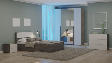 Modern interior of a bedroom with light green walls. Night. Evening lighting. 3D rendering.