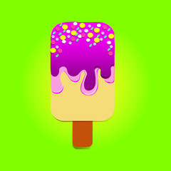 pastel ice cream pop on lemon green background with a glazed and colorful sprinkle. Tasty colorful ice cream for summer decorative, sweets, dessert, web design or print. Vector Illustration.