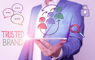 Writing note showing Trusted Brand. Business concept for Consumer believe in the integrity and the...