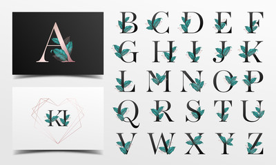 Beautiful alphabet collection decorated with green leaf in watercolor style 