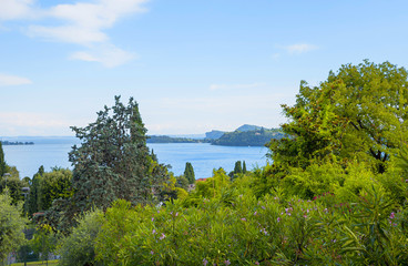 Fototapeta na wymiar mediterranean landscape italy, lake Gardasee, view to Rocca di Manerba