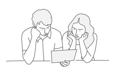 Man and woman reading document. Line drawing vector illustration. 