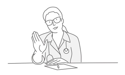 Woman doctor with glasses shows stop gesture. Line drawing vector illustration.