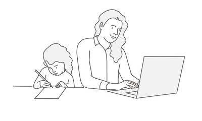 Fototapeta na wymiar Mother and daughter at the table. Girl is drawing. Woman is using a laptop. Line drawing vector illustration.