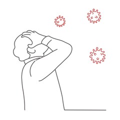 Man holding his head. Bacteria, virus. Line drawing vector illustration. 