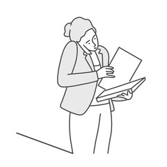 Woman with documents talking on her cell phone. Line drawing vector illustration. 