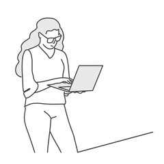 Girl with glasses uses a laptop computer while standing. Line drawing vector illustration.