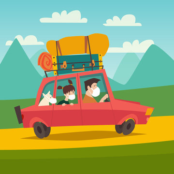 Masked tourist family going home vector illustration. Coronavirus 2019-ncov epidemic concept. Rider father, daughter and dog on the red car. Mountains background