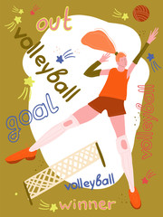 Athletic girl playing volleyball. Cartoon drawing drawn by hand. Healthy lifestyle. Active sport.