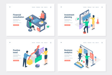Obraz na płótnie Canvas Start up, setting business stages isometric landing page templates set