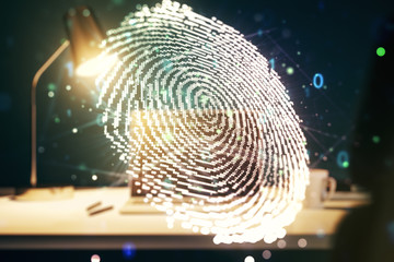 Abstract creative fingerprint illustration on modern computer background, personal biometric data concept. Multiexposure