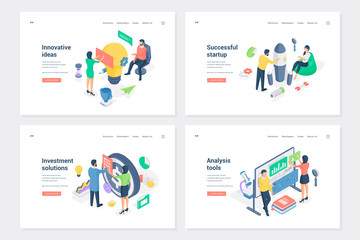 Business development and promotion isometric landing page templates set
