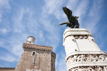 the Rocca dei Rettori (Benevento castle) and the war memorial. Benevento, Campania, Italy