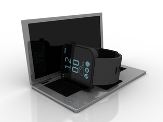 3d rendering fitness bracelet smart watch in laptop