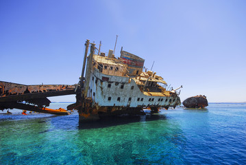 The remains of the Loullia on the northern edge of Gordon Reef in the Straits of Tiran near Sharm...