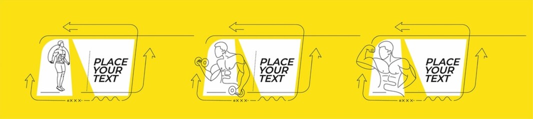 Fitness Flat linear promotion geometric shapes banner, scroll,  sticker, badge, price tag, poster.