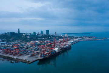 Sihanoukville, Cambodia - March 15, 2020: Ariel view of container terminal of Sihanoukville...