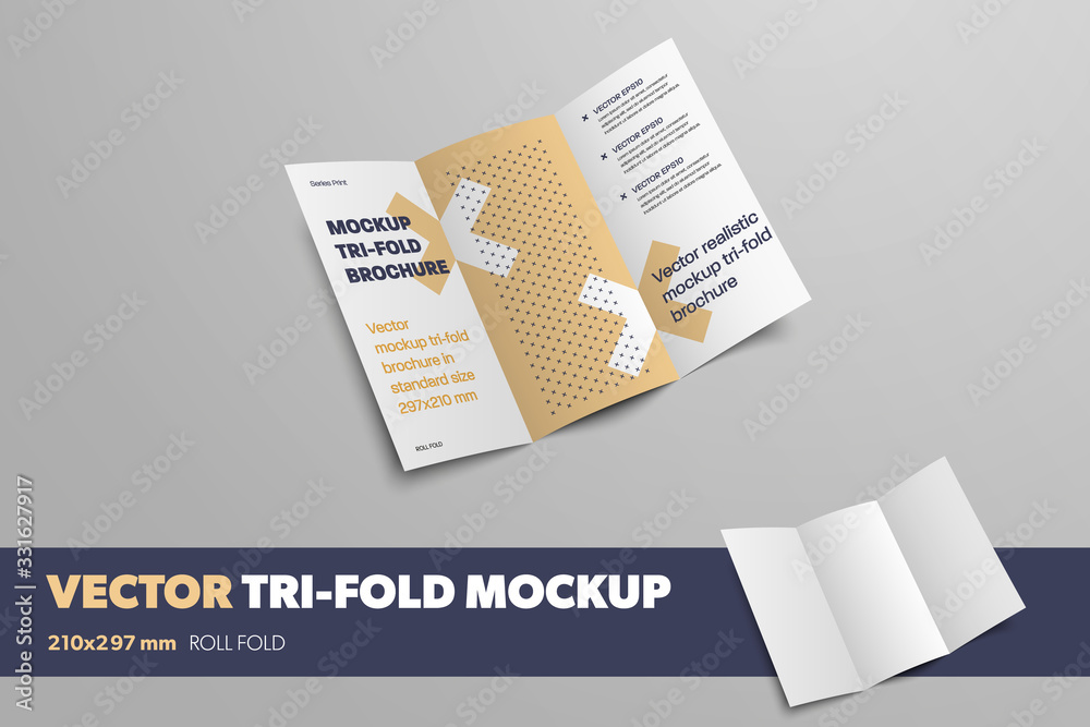 Poster Mockup of vector open tri fold on gray background for design presentation.