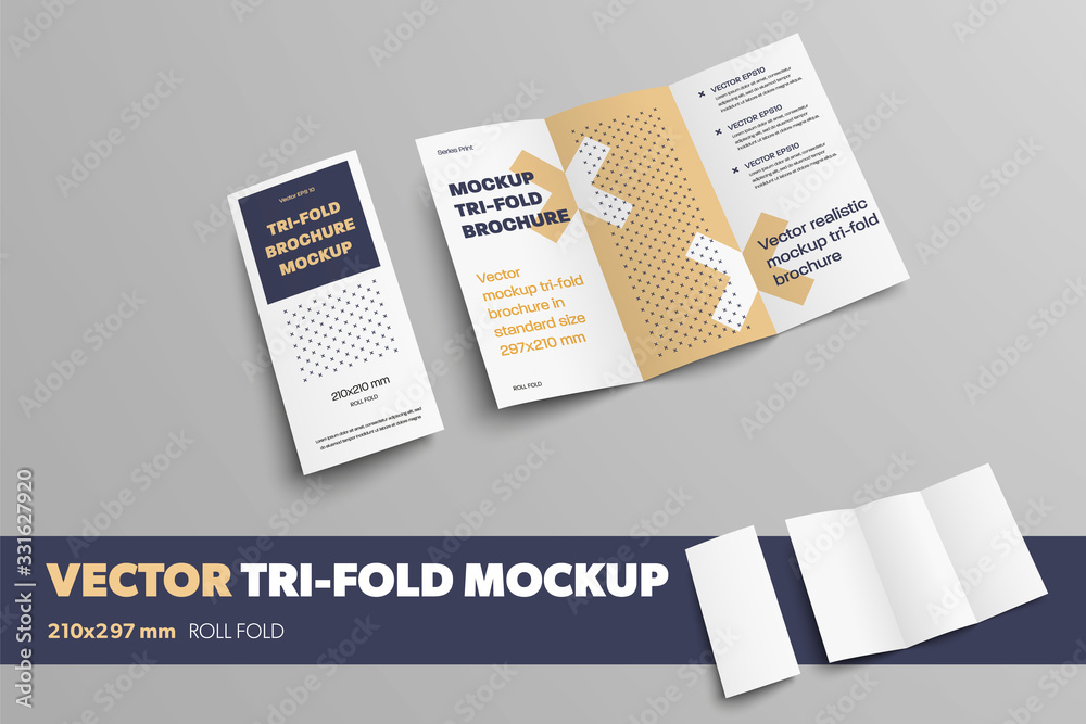 Poster Mockup of realistic vector tri-fold for design presentation. Business booklet on a gray background, with an abstract pattern.